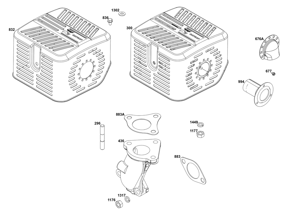 Exhaust Group Diagram and Parts List for 25V332-0066-F1 200000 - 399999 Briggs and Stratton Engine